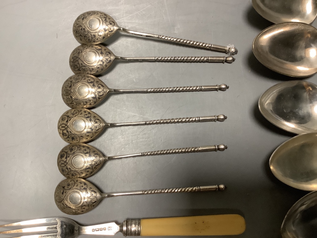 Six pairs of Victorian Ivory handled silver fish eaters and a small quantity of other flatware.